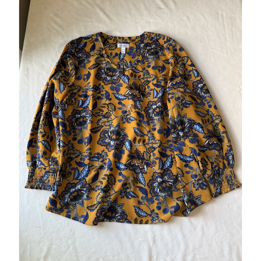 D & Co. Womens Floral Print 3/4 Sleeve Top Women’s XL Mustard Yellow & Navy